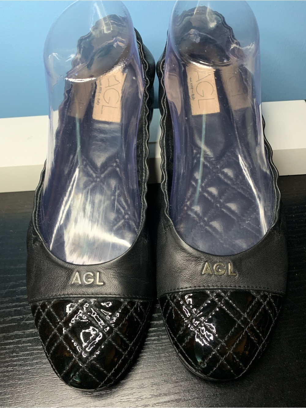 AGL Black Quilted Patent Cap-Toe Leather Ballet Flats